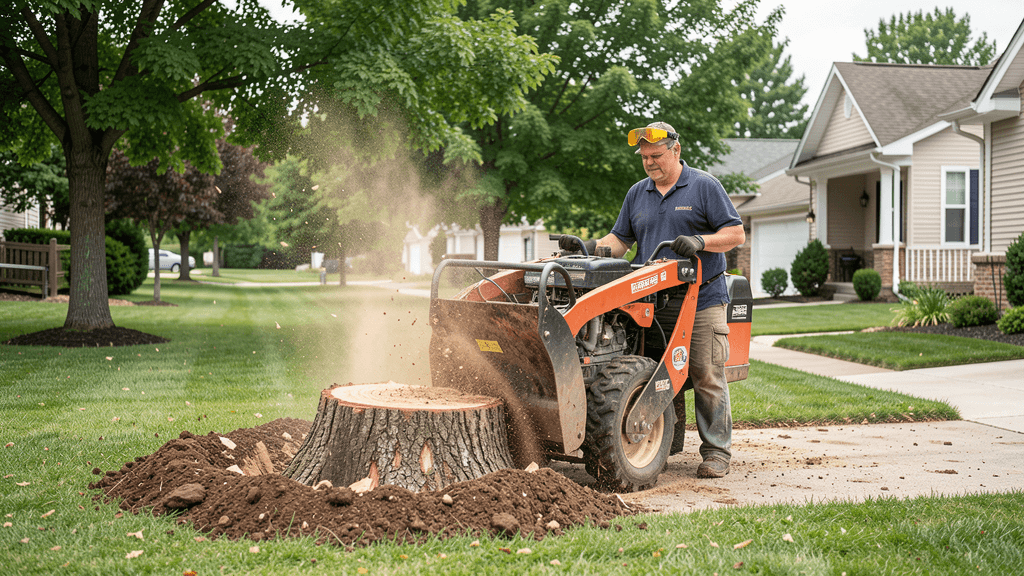 Stump grinding equipment in action on a residential property