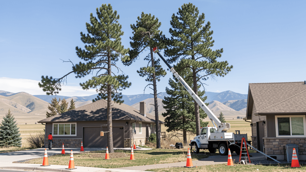Crane-assisted tree removal in progress